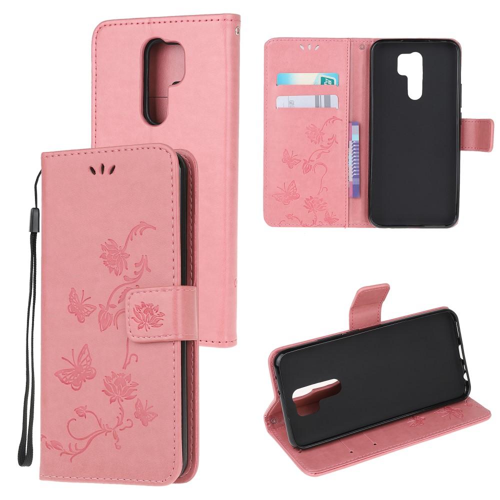 Xiaomi Redmi 9 Leather Cover Imprinted Butterflies Pink